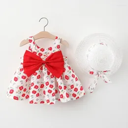 Abiti da ragazza 6m-3y Vestiti per bambini Abito da principessa Costume estivo per bambini Fiocco per ragazze Cappello da sole Set Abito senza maniche per neonato carino