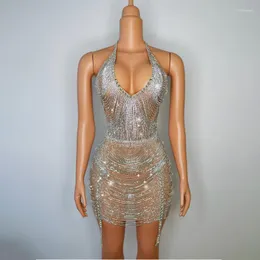 Stage Wear Shiny Rhinestones Dress Halter Diamond Diamond Finger Women Birthday Celebrate Costume Evening Fort XS5744