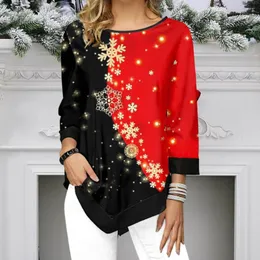 Blusias femininas Christmas Snowflake Patchwork Color Camiseta de outono Top de corte 3D confortável