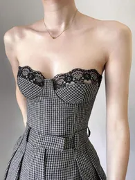 Women's Tanks SEASONS Black And White Gingham Bandage Corsets For Women Lace Trim Strapless Crop Top Sexy Vintage Clothes Tube Tops