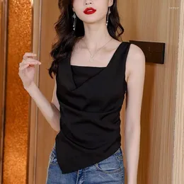 Women's Blouses White Black Asymmetrical Artificial Silk Shirt Korean Ladies Fashion Sexy Street Wear Acetate Satin Vest Chiffon Blouse