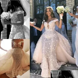 Klänningar bröllop 2023 sjöjungfru brudklänning med löstagbart tåg 3d blommig applikation illusion ruffles skräddarsydd vestidos de novia plus storlek