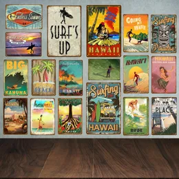 Hawaii Mteal Tin Signs Poster Surf's Up Welcome To The Beach Metal Tin Signs Vintage Art Wall Decoration Cafe Bar Outdoor Decor Ocean Plaque Beach Decor Size 30X20CM w01