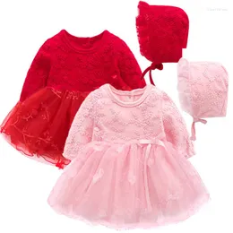Flickaklänningar faller baby bollklänning klänning med Bernat långärmad formell prinsessa röda rosa spädbarnsblomma presentkläder 3m 6m