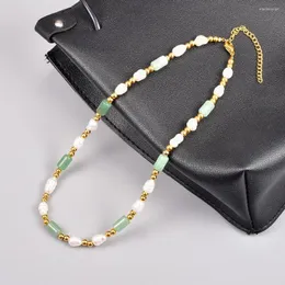 Choker Minar Retro Freshwater Pearl Strand for Women Green Color Square Natural Stone Beads Pendant Necklace Jewelry
