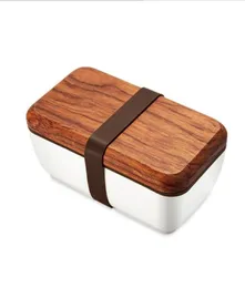 Oneup Lunch Box Japanese Wood Bento Box Ceramic Bowl BPA Portable Food Container med bestickelever Picknickskola C1811230113766760353