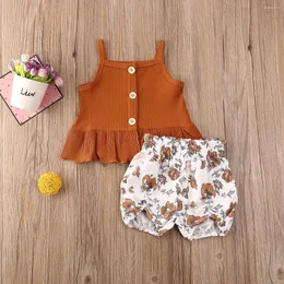 Kläderuppsättningar 2023 Summer Kids Baby Girls Sleeveless Casual Clothes Set Solid Sticked Tops Dress Shorts Pants 2 st barn söta kläder