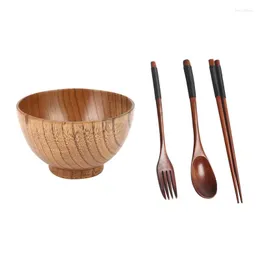 Учебная посуда устанавливает деревянную чашу 11x7см столовые приборы Установите портативные палочки для палочек для еды.