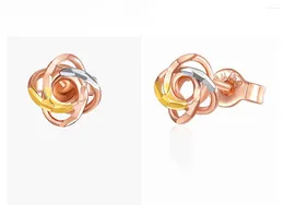 Stud Earrings Elegant Tri-Tone Flower 18K Genuine Real Solid Gold AU750 Piercing For Women Female Girl Upscale Office Jewelry