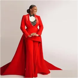 Vestidos de noite macac￣o vermelho com trem destac￡vel v pesco￧o de capa de luva de cetim de cetim 2021 Torno do tornozelo traje formal Drop Drop entregando n￳s dhqkt