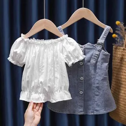 Kleidung Sets Kinder Kleidung Sommer Neue Mädchen Spitze Einfarbig Hemd Kurzarm Denim Rock Zwei Stück Set Mode Mädchen outfits