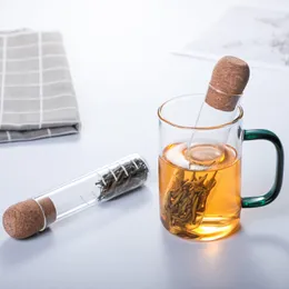 Şeffaf cam çay süzgeçleri tüp şekilli çaylar, ahşap mantar bitkisel baharat süzgeçleri ile ısı dirençli çay infüzör aracı coladores de te te forma de tubo