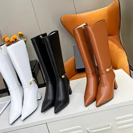 Botas redondas com z￭per de sapatos de borracha feminina Rain Rain Designer Boots-Women Sexy coxa saltos altos damas brancas f 35-42