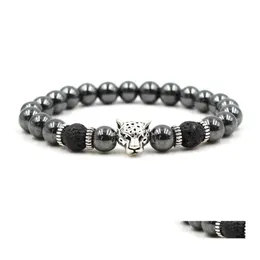 Beaded Strands Black Lava Stone Bead Bracelets Natural Beads Bracelet Leopard Head Men Jewelry Drop Delivery Dhjvg