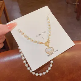 Chains Elegant Big White Imitation Pearl Bead Necklace For Women Crystal Heart Shell Pendant Sweet Wedding Party Jewelry