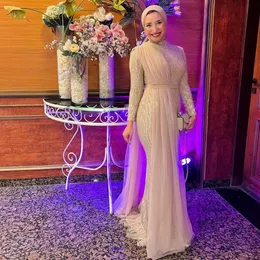 Anmutiger Champagner Muslimer Abendkleider Glitzer Meerjungfrau formelles Kleid für besondere Anlässe Tulle Überdrich marokkanische Kaftan Prom Kleid