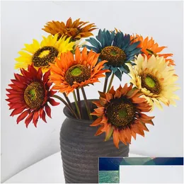 Decorative Flowers Wreaths 5 Pcs Factory Sales Single Sunflower Simation Satin Chrysanthemum Home Decoration Pography Props Floric Dh1Ef