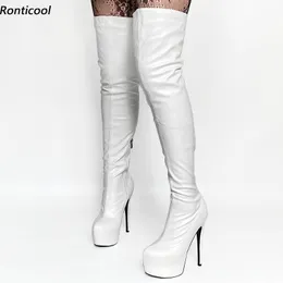 Ronticool New Arrival Women Winter Platform Thigh Boots Side Zipper Stiletto Heeled Round Toe White Party Shoes Us Size 5-20