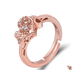 Band Rings Fashion Exquisite 18K Rose Gold Plated Love Diamond Ring Zircon Dancing Vintage Hollow Flower Gift Jewelry Drop Delivery DHCVI