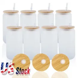 2 Tage Lieferung 16oz Sublimation Glass Bier Tassen mit Bambusdeckel Stroh Stroh Bumbler DIY Blanks Frosted Clear Can Cups Heiztransfer Cocktail Iced Coffee Whisky