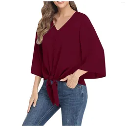 Women's Blouses Women's Button V-neck Chiffon Top Three-quarter Flared Sleeve Tie Knot Loose Casual Shirt Femme Blusa Feminina Verao