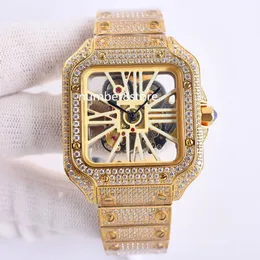 Yellow Gold Full Diamonds Large Skeleton Mens Watch Luxury Square Watches Quartz Stainless Steel Sapphire Crystal Water Resistance