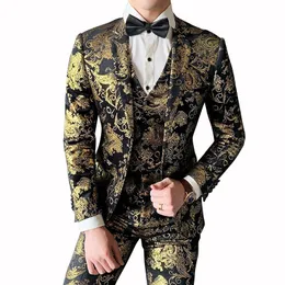 Men's Suits Blazers Luxury Paisley Print Fashion Baroque Slim Groom Tuxedo Gold Velvet Club Party Prom Costume Ternos 230213