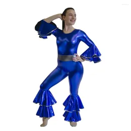 Scene Wear Royal Blue Metallic Round Neck Long Sleeve Dance Unitards Girls and Ladies Modern Bodysuit Performance Costume