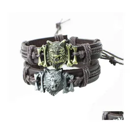 Charme Armbänder Vintage Woven Leder Armband Hand Seil Bronze Legierung Wolf Kopf Für Männer Mode Schmuck Drop Lieferung Dhwzd