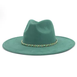 Grön mockahatt med kedja Kvinnor Elegant 9,5 cm bred brättad Jazz Fedora-hatt Höst Vinter Män Filt Panamakeps för festbröllop