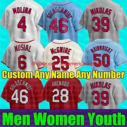 Пользовательские бейсбольные майки 2022 Новые мужчины Женщины молодежь 28 Nolan Arenado 46 Пол Голдшмидт Джерси Ядье Молина Мэтт Карпентер Кардин