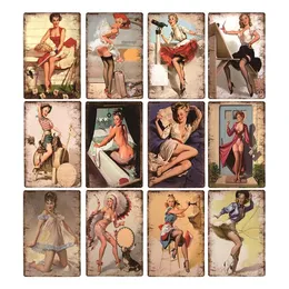 Hot Pin Up Girls Art Målning Tennskyltar Retro Poster Metal Plack Sexig kvinna Konst Väggdekorativ platta Vintage Hem Personlig dekor Sign Storlek 30x20 W02