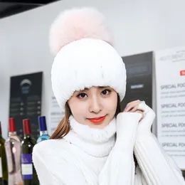 Womens Warm Real Rex Rabbit Fur Hat Scarf Set knitted Cap Collar Shawl Beanie