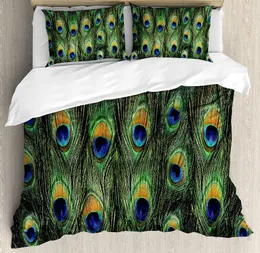 Sängkläder sätter påfågeluppsättning svansfjädrar tropiska exotiska en 3 st täck täcke sängkudde kudde fodral