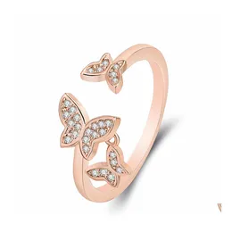 Полоса Rings Luxury Butterfly Open Регулируем для женщин FL Crystal Wedding Rose Gold Sier Fashion Finger Ring Gurning Drop D Dhnis