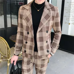 Erkekler Suits Blazers (Ceket Pantolonu) 2023 Erkekler Business Suit Çifte Bravatalı İngiliz Ekose Yakası Resmi Blazer Pantolon Set 2 Parça Kostüm Homm