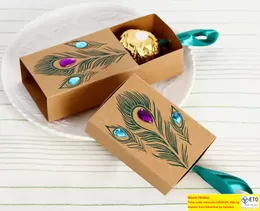 Peacock Feather Candy Pudełka szuflady Projekt ślubu Favours Faux Rhinestone Kraft Paper Plax Boxes