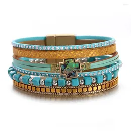 Braccialetti con ciondoli ALLYES Boho Retro Cross Abalone Shell Leather Ethnic Blue Stone Beaded Multilayer Wrap Bracciale Gioielli femminili