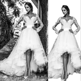 2023 Arabic A Line Wedding Dresses Sweetheart Long Sleeves Vintage Lace Short Hi Lo Ruched Ruffles Sexy High Low Length Simple Garden Cheap Beach Formal Bridal Gowns