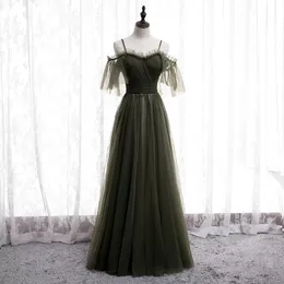 Abendkleid Spaghettiträger Olivgrüner Tüll mit kurzen Ärmeln, bodenlang, maßgeschneidert, handgefertigt, Brautjungfer, formelles Abendkleid, Damen-Abschlussball-Party-Kleider