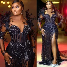 2023 Arabic Aso Ebi Black Mermaid Prom Dresses Feather Lace Beaded Evening Formal Party Second Reception Birthday Engagement Gowns Dress ZJ076