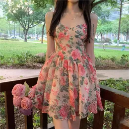 Casual Dresses Floral Suspender kort kjol Hög midja Slim Elegant Temperament Princess Dress Spring Summer 2023 A-Line