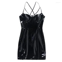 Casual Dresses Womens Gothic Sexy Shiny Wetlook Faux Leather Spaghetti Strap Mini Bodycon Pencil Dress Hollow Out Strappy Split Hem Lingerie