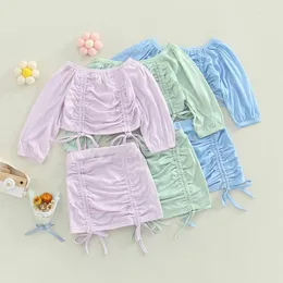 Kläder sätter mode Autumn Children Girls 1-5y Toddlder Kids Girl Solid Off Shoulder Drawstring Ruched Crop Tops A-line kjolar