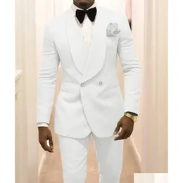 Tuxedos White Men Shawl Lapel Groom Suits Blazer 2 Piece Dobby Prom Party Dinner Jacket Attire Custom Madejacketaddaddbow Dr Dhwt9