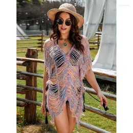 Kvinnors badkläder H80S90 Boho Ripped Beach Dress Women See Through Spec Dye Sexy Short Bikini Outing Cover Up Summer Tunika Tops