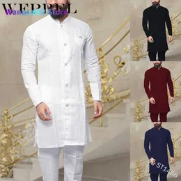 القمصان غير الرسمية للرجال Wepbel المسلمة الموضة kaftan kaftan خمر intage زر الكتان القميص الإسلامية abaya للرجال بالإضافة إلى حجم s ~ 5xl 021323H