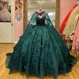 Vestido de cristal quinceanera de mi￧angas verdes com capa com capa princesa borboleta 3d flores de corpeia vestido de 15 anos