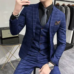 メンズスーツブレザージャケットPantsvest Men Groom Wedding Tuxedo Fashion Plaidビジネス高品質のカジュアルスーツThreepiece 230213