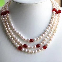 Chains Fashion 3rows 7-8mm Natural White Freshwater Cultured Round Pearl Red Chalcedony Beads Necklace Women Jewelry 17-19inch BV367